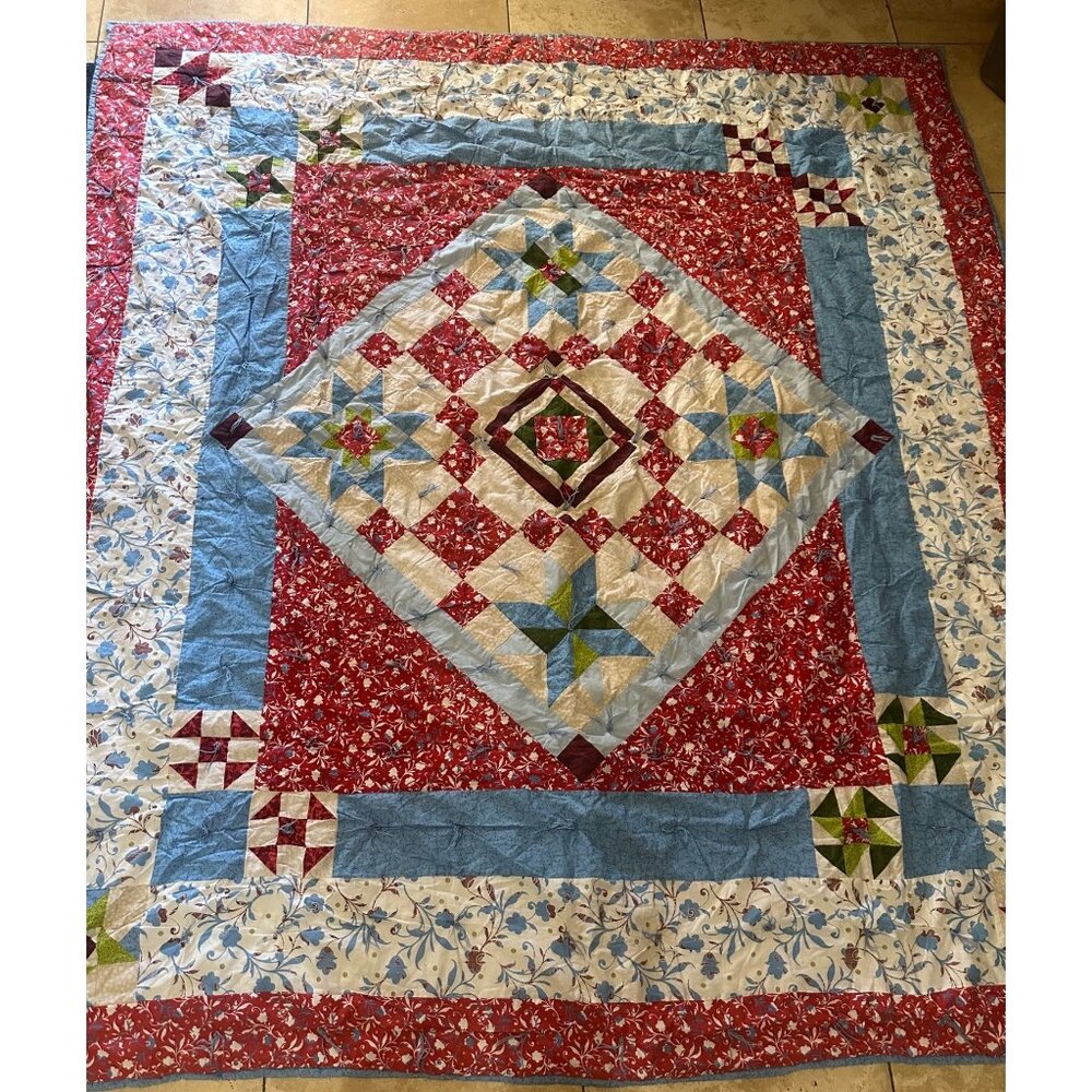 Vintage Handmade Patchwork Quilt 82”x72” – Cozy Farmhouse  Shabby Chic Red Blue